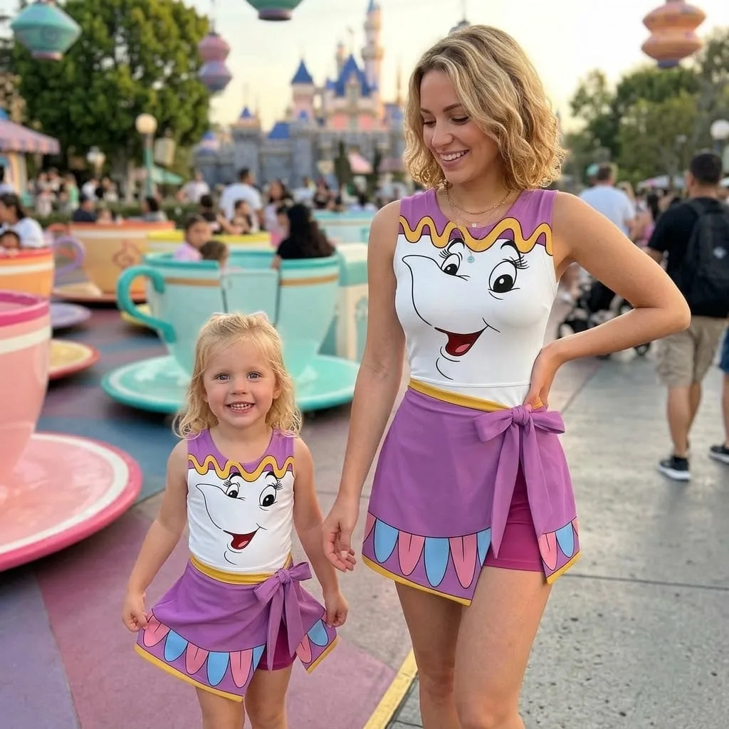 Mrs. Potts Inspired Mommy and Me Tennis Dress, Beauty and the Beast Matching Outfit for Mom and Daughter, Purple Disney Park Outfit, Cute Family Vacation Gift