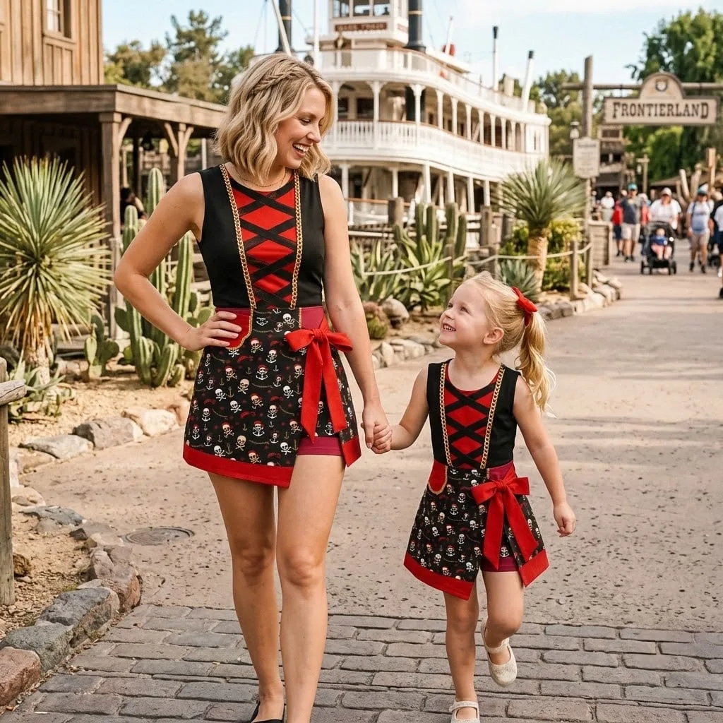 Pirate Inspired Matching Tennis Dress Skirt, Mother Daughter Skull and Crossbones Outfit, Pirate Theme Disney Park Vacation Gift for Women Girls
