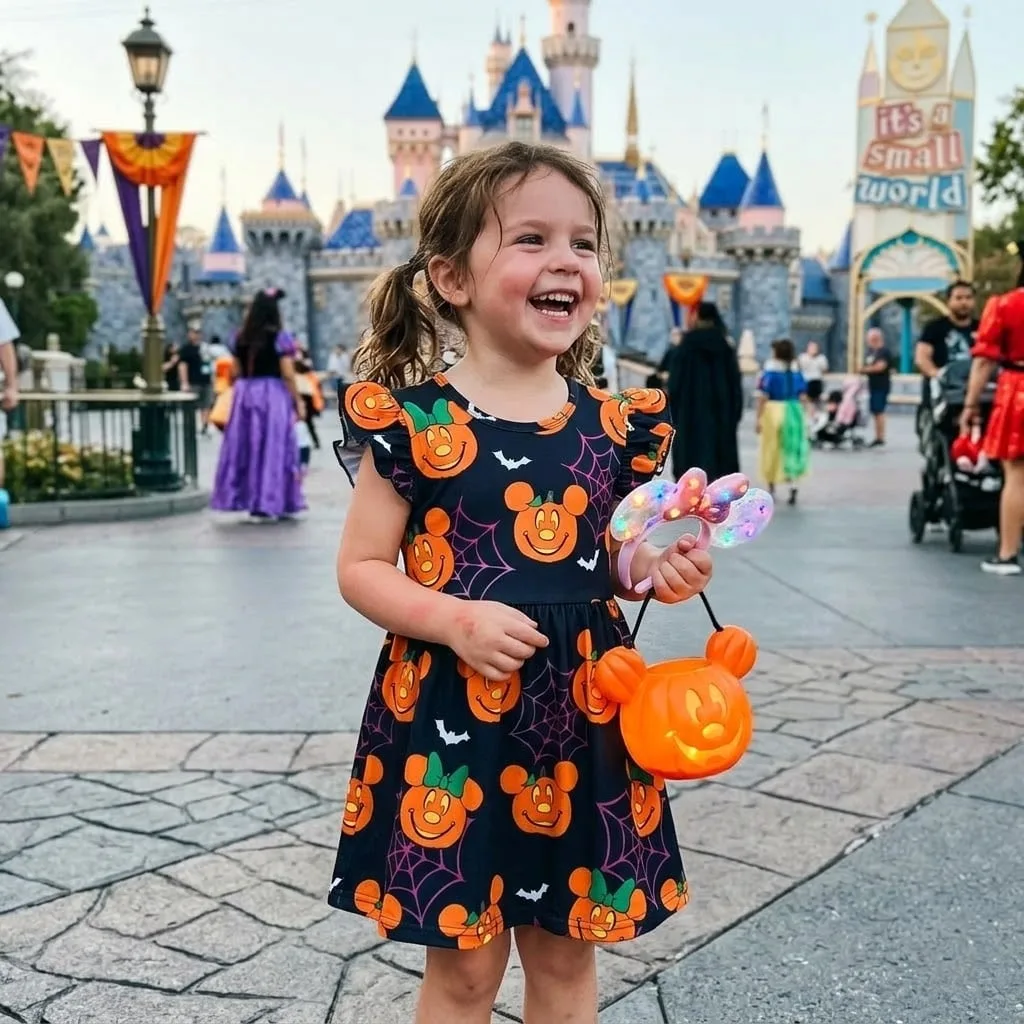 Halloween Mickey Pumpkin Ruffle Dress, Cute Spooky Mouse Pumpkin Print Dress for Girls, Halloween Party Outfit, Disney Inspired Vacation Gift - Image 3