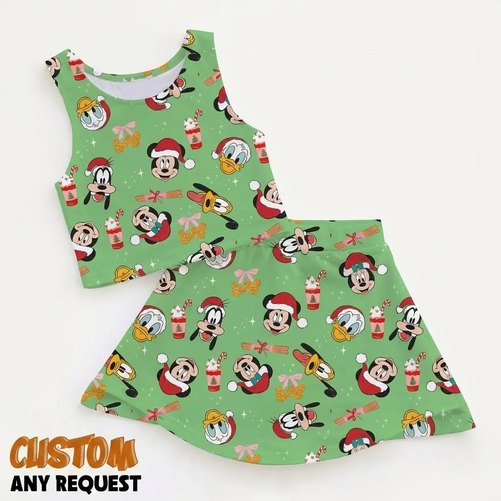 Christmas Mickey Inspired Dress Set, Green Holiday Character Print Outfit, Cute Christmas Vacation Dress for Women Girls, Festive Gift