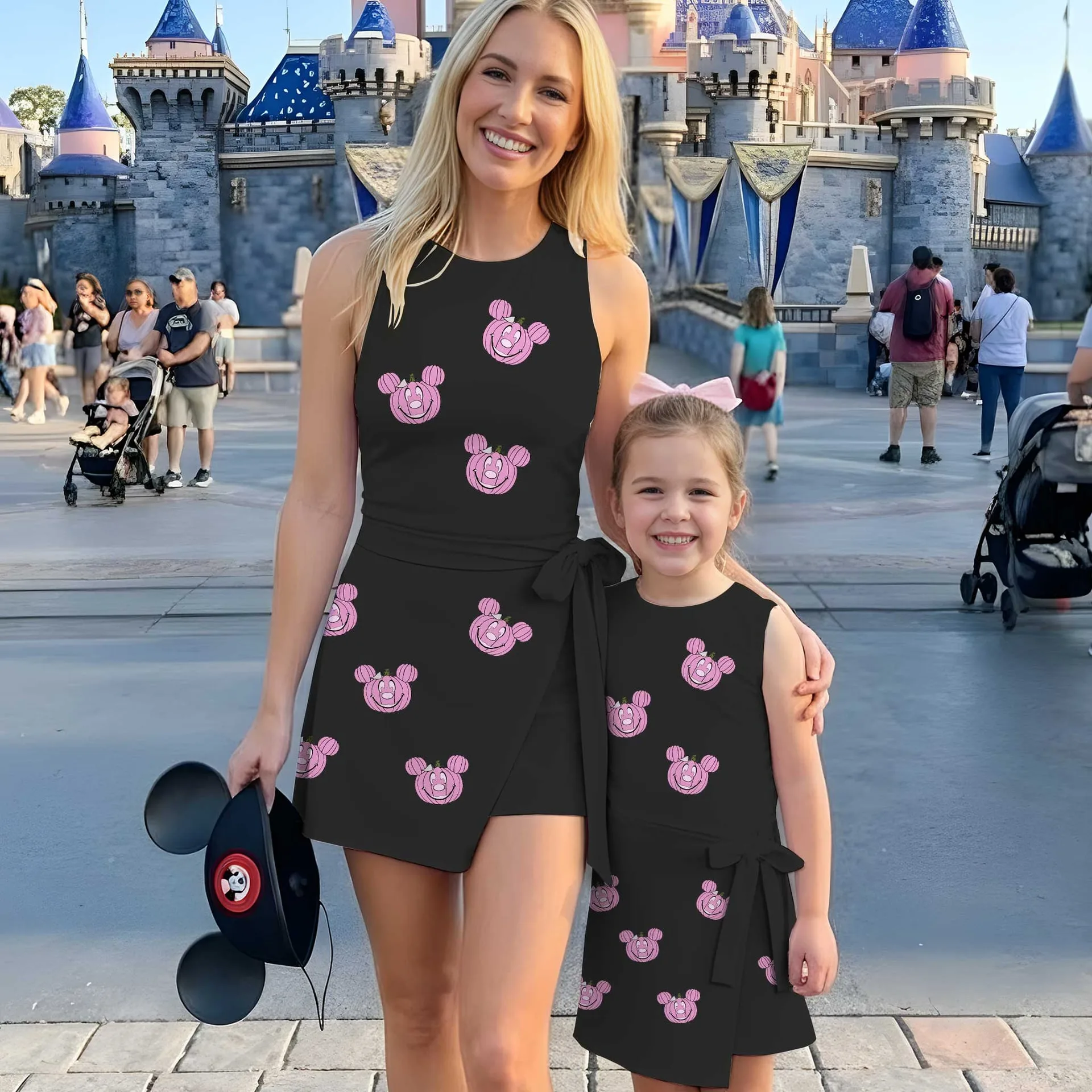 Pink Halloween Mickey Pumpkins Wrap Skort Dress, Mickey Halloween Matching Outfits, Mickey's Not So Scary Halloween Party Dress