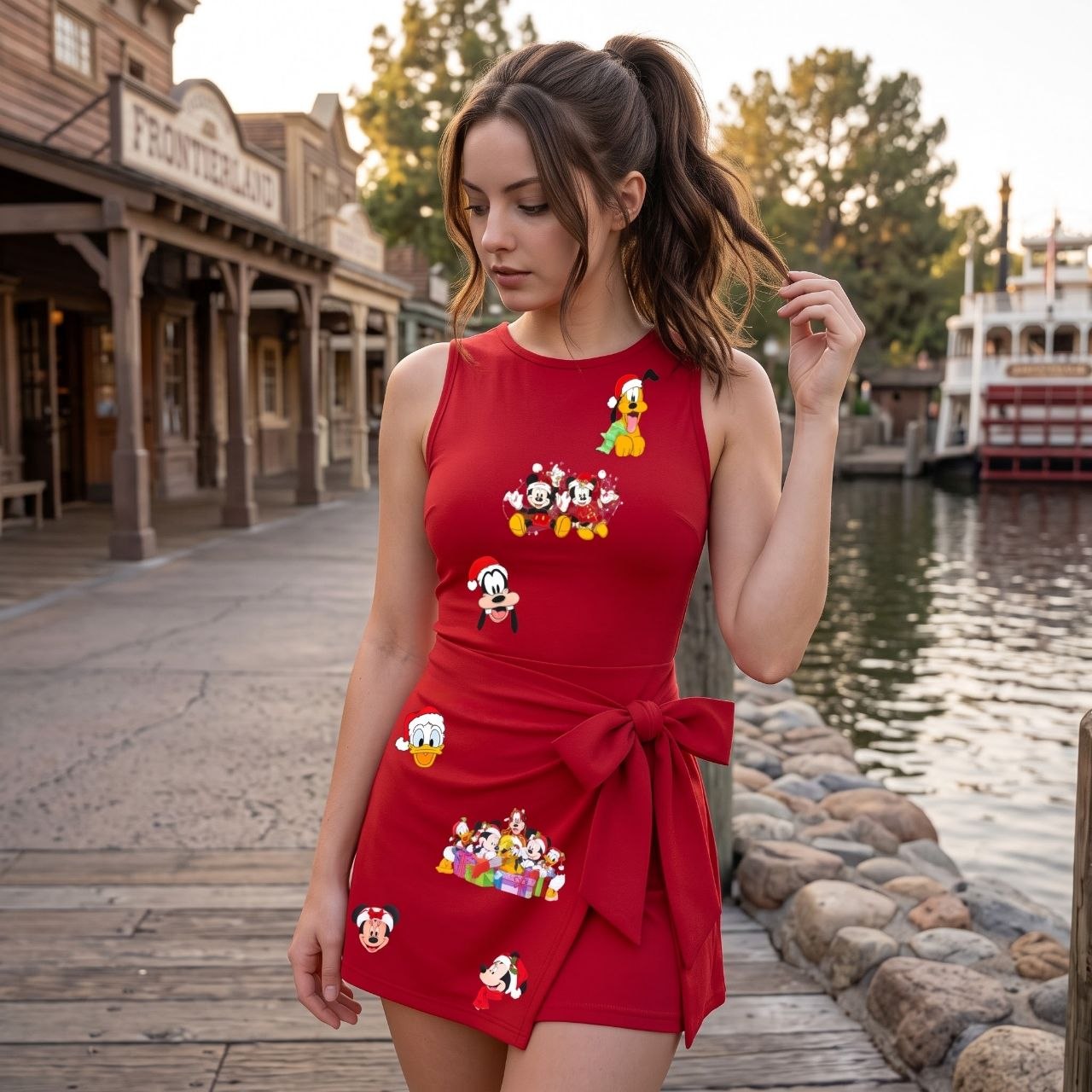 Mickey & Friends Christmas Tennis Dress, Holiday Cartoon Character Skort Dress, Theme Park Vacation Outfit, Cute Red Christmas Dress, Magical Travel Clothing