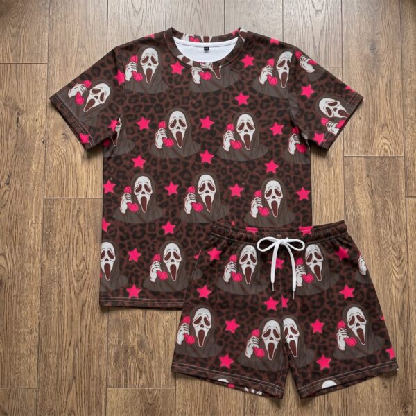 Ghostface Halloween Inspired Loungewear Set, Scream Mask Pink Star & Leopard Pajama Outfit, Cozy Heavyweight Set
