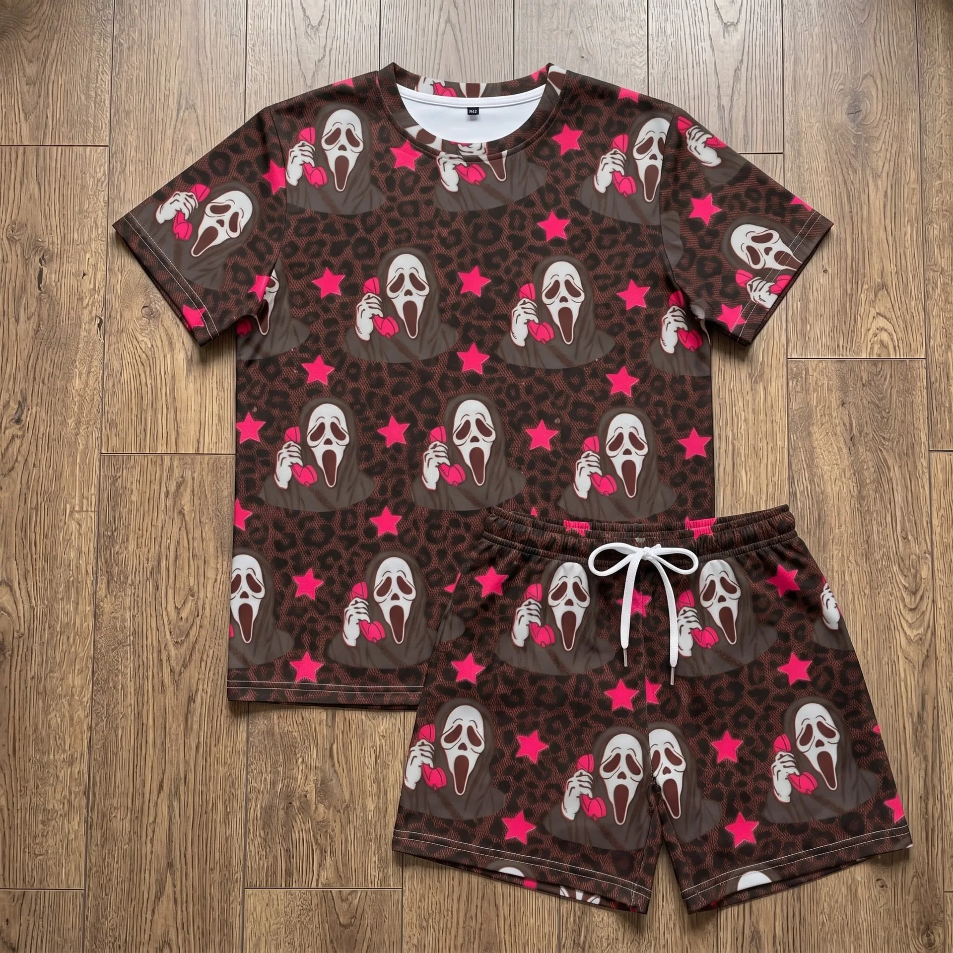 Ghostface Halloween Inspired Loungewear Set, Scream Mask Pink Star & Leopard Pajama Outfit, Cozy Heavyweight Set