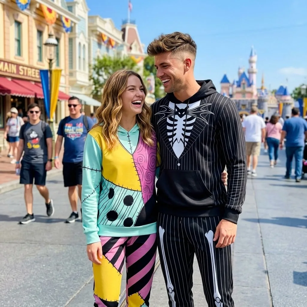 Jack Skellington & Sally Inspired Halloween Hoodie Jogger Set, Skeleton & Patchwork Matching Couple Tracksuit, Nightmare Before Christmas Park Outfit Men Women