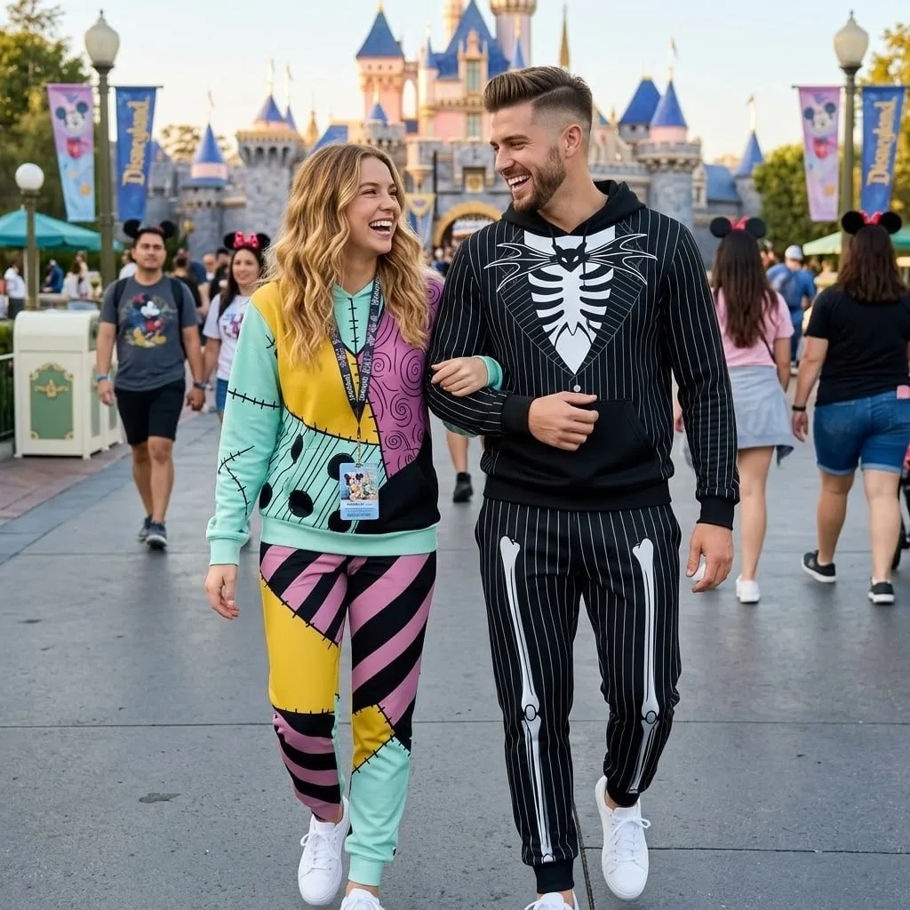Jack Skellington & Sally Inspired Halloween Hoodie Jogger Set, Skeleton & Patchwork Matching Couple Tracksuit, Nightmare Before Christmas Park Outfit Men Women - Image 5