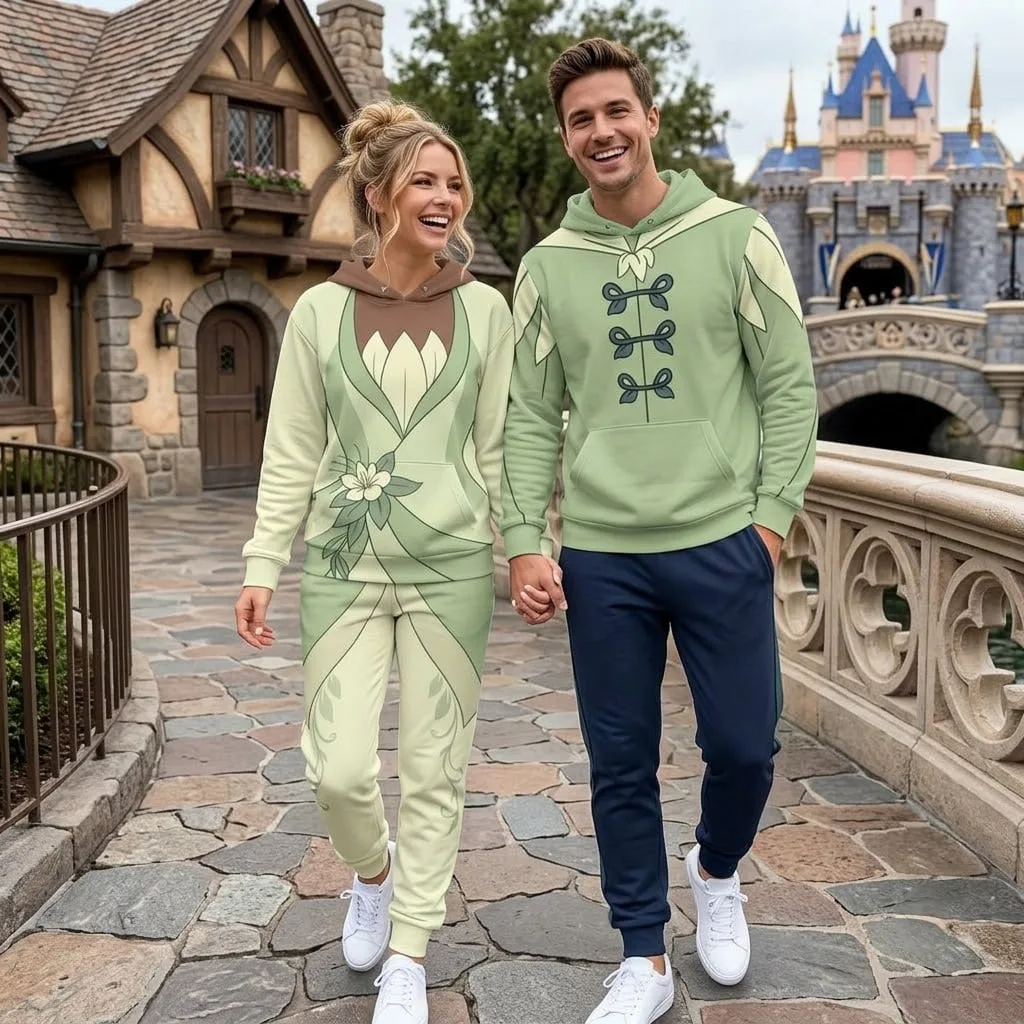 Princess Tiana & Prince Naveen Inspired Hoodie Jogger Set, Green Lily Flower Frog Princess Matching Couple Tracksuit, Disney Park Outfit Men Women