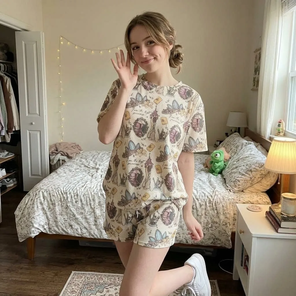 Rapunzel Princess Loungewear Set, Tangled Tower Tiara Lantern & Sun Symbol Inspired Pajama, Cozy Short Disney Outfit - Image 6