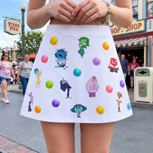 Inside Out Colorful Skater Skirt, White Character Print with Multicolor Memory Ball Pattern, Disney Park Vacation Outfit