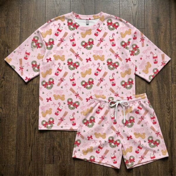 Pink Christmas Loungewear Set, Cute Holiday Print with Scattered Bow Pattern, Cozy Heavyweight Pajama Outfit