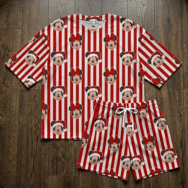 Mickey & Minnie Santa Christmas Heavyweight Loungewear Set, Red White Stripe Pajama Outfit