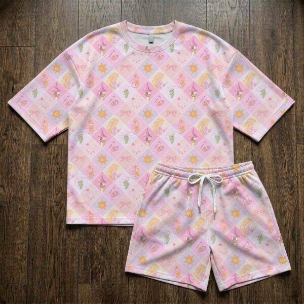 Disney Tangled Heavyweight Cotton Waffle Knit Loungewear Set, Rapunzel & Pink Bow Pattern Pajama Outfit