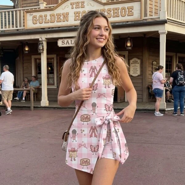 Pink Cowgirl Dress Skirt, Cute Western Dolly Character Print, Theme Park Vacation Outfit
