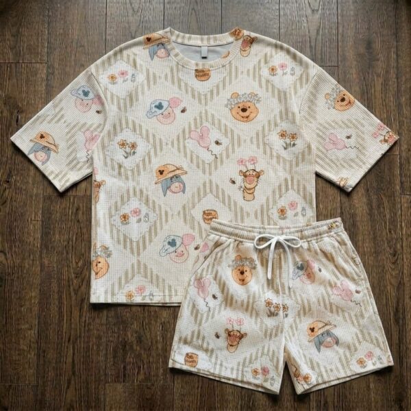 Winnie the Pooh Waffle Set, Pooh Tigger Eeyore and Piglet Floral Cozy Short Sleeve Outfit