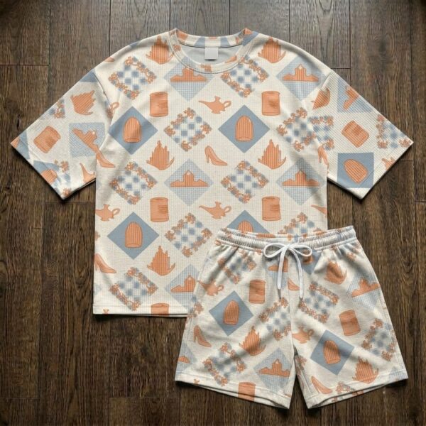 Vintage Tea Time Loungewear Set, Cute Teapot Cup and Checkered Print, Cozy Short Sleeve Pajama Outfit
