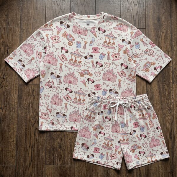 Minnie Magic Waffle Loungewear Set, Pink Castle Carousel & Mouse Ear Print Pajama Outfit, Cozy Heavyweight Set