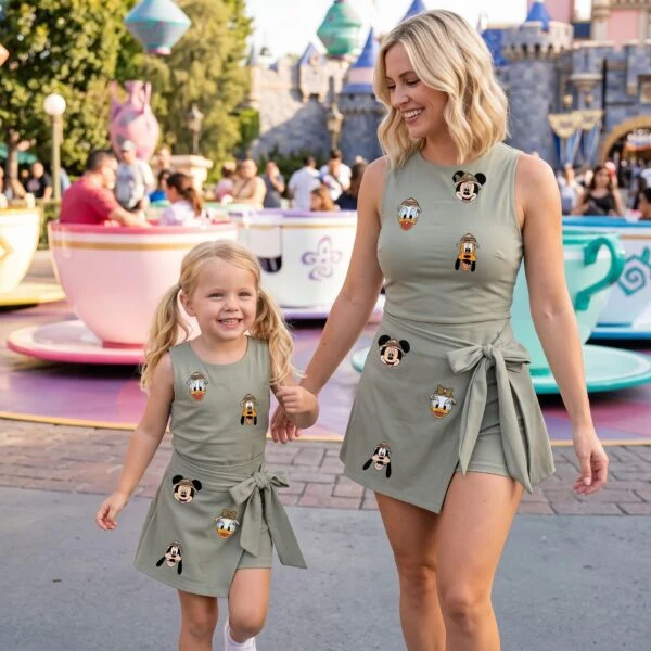 Mickey & Friends Safari Dress Skirt, Donald Daisy Goofy Character Print, Theme Park Vacation Outfit, Disney Family Gift