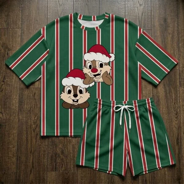 Chip & Dale Christmas Waffle Loungewear Set, Santa Hat & Green Red Stripe Character Pajama Outfit, Cozy Heavyweight Set