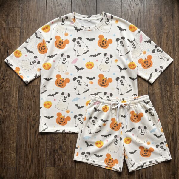 Mickey Halloween Waffle Loungewear Set, Ghost Pumpkin & Bat Character Print Pajama Outfit, Cozy Heavyweight Set