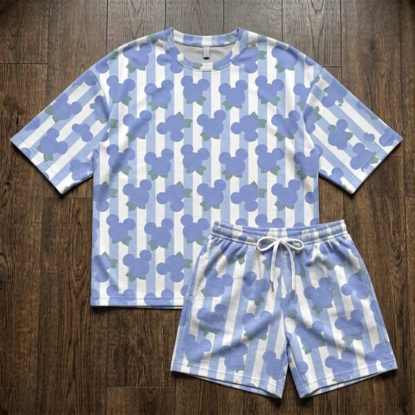 Mickey Blueberry Waffle Loungewear Set, Blue Mouse Head & Striped Fruit Print Pajama Outfit, Cozy Heavyweight Set