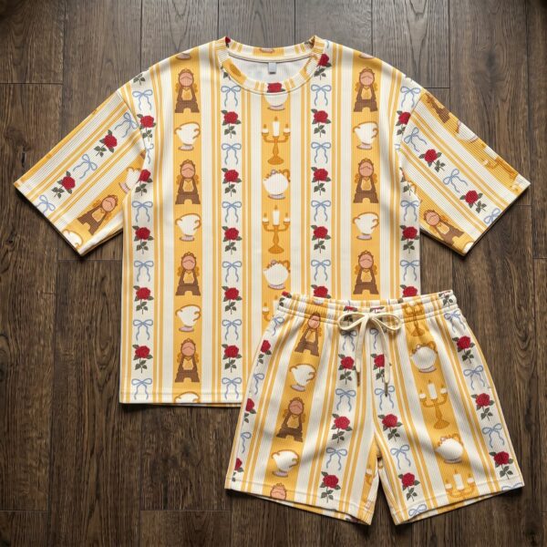 Beauty and the Beast Waffle Loungewear Set, Rose Lumiere Cogsworth & Mrs. Potts Print Pajama Outfit, Cozy Heavyweight Set