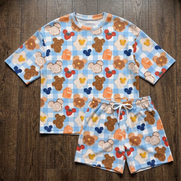Mickey Breakfast Waffle Loungewear Set, Pancake Strawberry & Blue Gingham Character Print Pajama Outfit, Cozy Heavyweight Set