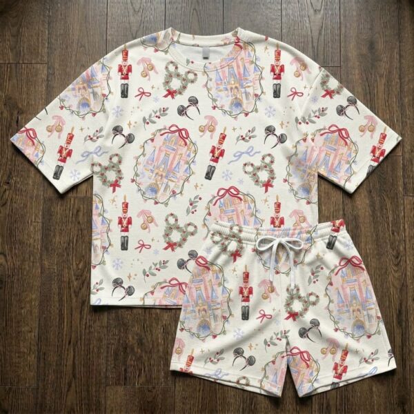 Mickey Christmas Waffle Loungewear Set, Castle Nutcracker Wreath & Holiday Mouse Ear Print Pajama Outfit, Cozy Heavyweight Set