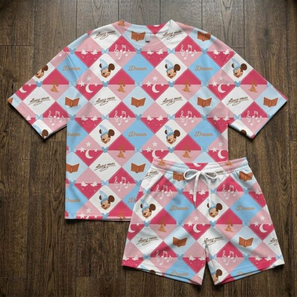 Mickey Dream Waffle Loungewear Set, Pastel Pink Blue Argyle Magic & Sorcerer Mouse Print Pajama Outfit, Cozy Heavyweight Set