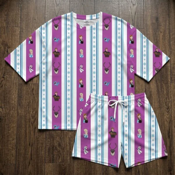 Frozen Waffle Loungewear Set, Anna Elsa Olaf Kristoff & Snowflake Stripe Character Print Pajama Outfit, Cozy Heavyweight Set