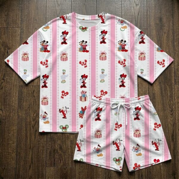 Mickey & Friends Christmas Waffle Loungewear Set, Pink Stripe Candy Cane Gift & Holiday Character Print Pajama Outfit, Cozy Heavyweight Set