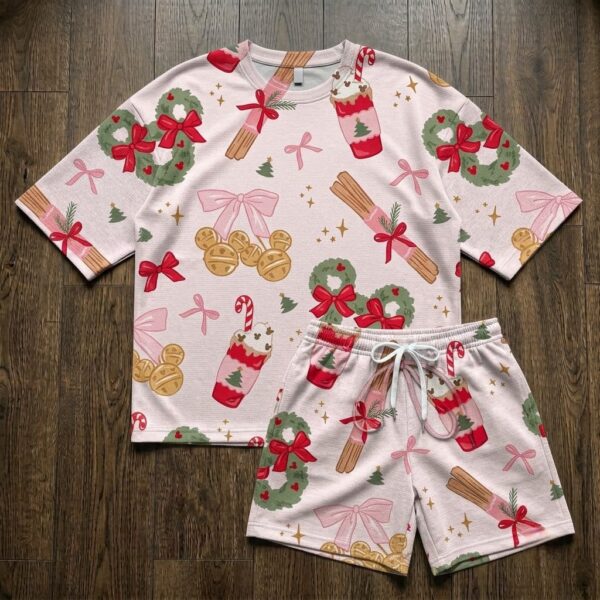 Mickey Christmas Waffle Loungewear Set, Pink Wreath Bow Cinnamon & Holiday Cocoa Print Pajama Outfit, Cozy Heavyweight Set