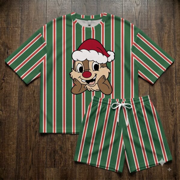 Chip & Dale Christmas Waffle Loungewear Set, Santa Hat & Green Red Stripe Character Pajama Outfit, Cozy Heavyweight Set