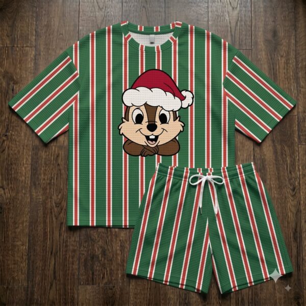 Chip Christmas Waffle Loungewear Set, Santa Hat & Green Red Stripe Character Pajama Outfit, Cozy Heavyweight Set