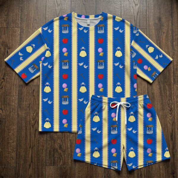Snow White Waffle Loungewear Set, Blue Yellow Stripe Apple Wishing Well & Princess Icon Print Pajama Outfit, Cozy Heavyweight Set