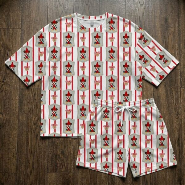 Mickey Christmas Waffle Loungewear Set, Red White Stripe Mickey Elf & Holiday Bow Print Pajama Outfit, Cozy Short Sleeve Shirt and Shorts Set