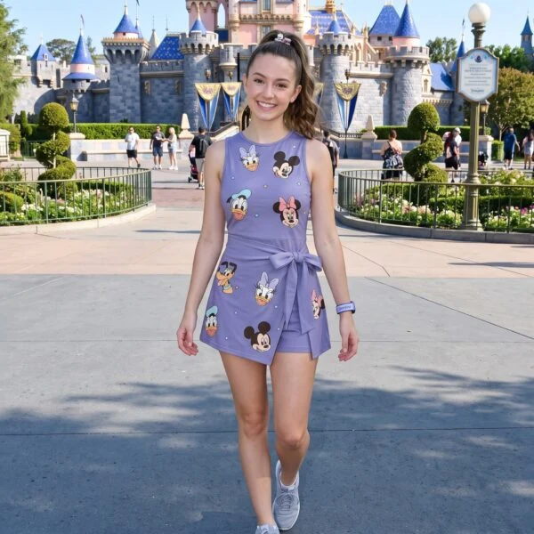 Mickey & Friends Purple Tennis Dress, Mickey Minnie Donald Daisy Character Print Wrap Skort Dress, Disney Park Vacation Outfit, Women&rsquo;s Theme Park Tennis Dress