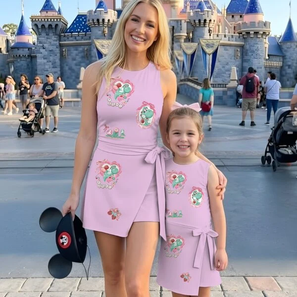 Yoshi Pink Tennis Dress, Cute Green Yoshi & Mushroom Print, Mommy and Me Matching Dress, Video Game Inspired Family Outfit