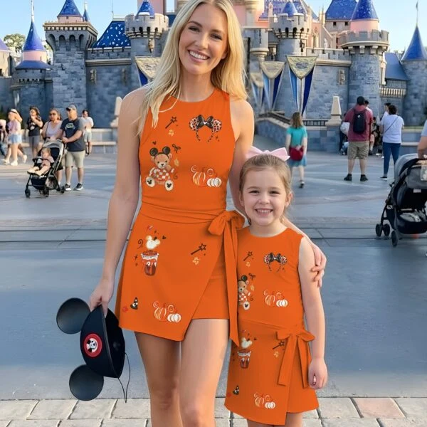 Mickey Fall Tennis Dress, Orange Pumpkin Teddy Bear, Leopard Minnie Ears & Magic Wand Print, Mommy and Me Matching Dress, Theme Park Outfit