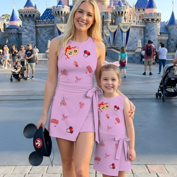 Mickey & Minnie Pink Tennis Dress, Bow Castle & Park Icon Print, Mommy and Me Matching Outfit, Theme Park Vacation Wear, Disney Lover Gift