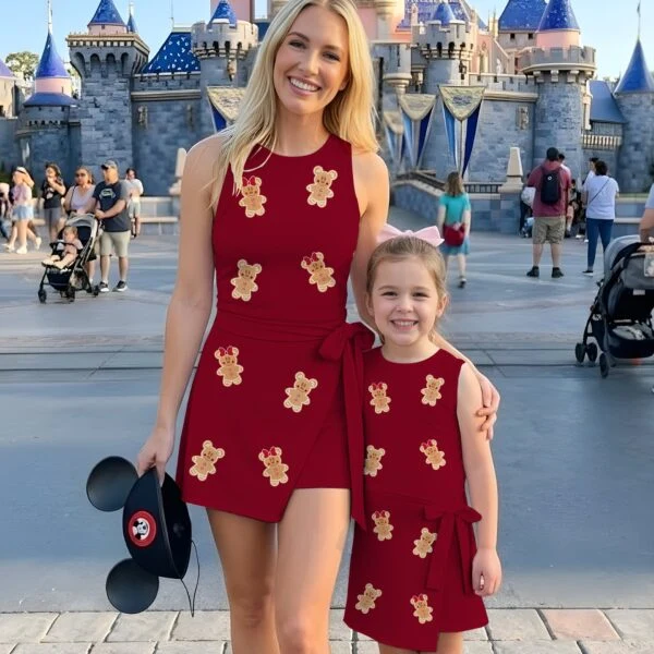 Gingerbread Mickey & Minnie Christmas Tennis Dress, Red Holiday Character Print, Mommy and Me Theme Park Outfit, Christmas Family Gift