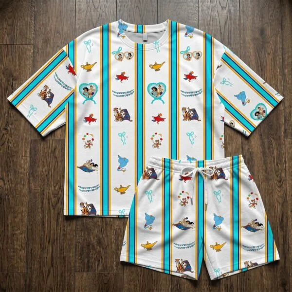 Disney Aladdin & Jasmine Waffle Loungewear Set, Genie Magic Lamp Abu & Rajah Stripe Print Pajama Outfit, Cozy Short Sleeve Shirt and Shorts Set