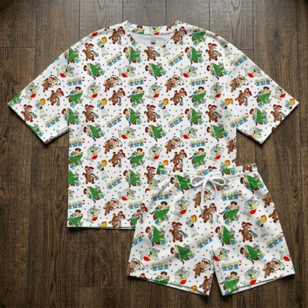 Toy Story Christmas Waffle Loungewear Set, Woody Buzz Lightyear Jessie Rex & Holiday Gift Print Pajama Outfit, Cozy Short Sleeve Shirt and Shorts Set