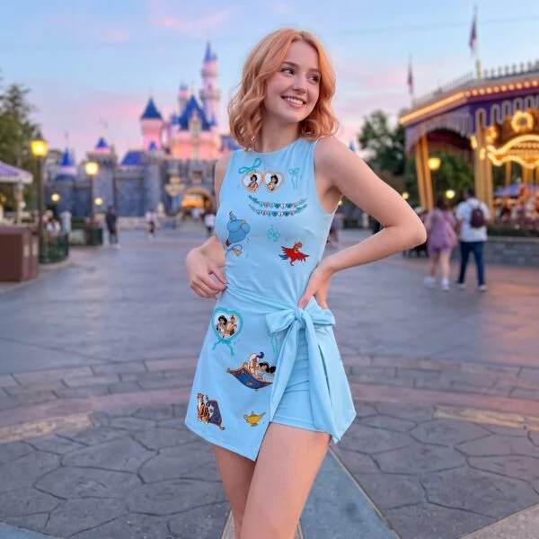 Disney Aladdin & Jasmine Blue Tennis Dress, Magic Carpet Genie Rajah & Abu Character Print Wrap Skort Dress, Disney Princess Park Outfit