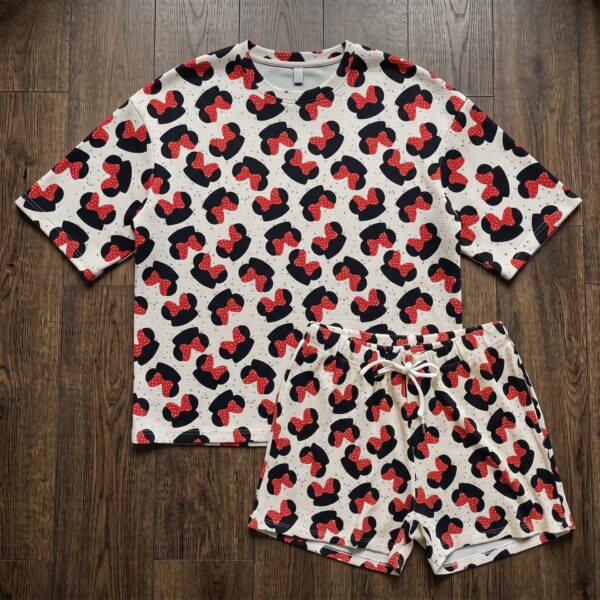 Minnie Mouse Waffle Loungewear Set, Red Polka Dot Bow & Black Minnie Silhouette Print Pajama Outfit, Cozy Short Sleeve Shirt and Shorts Set