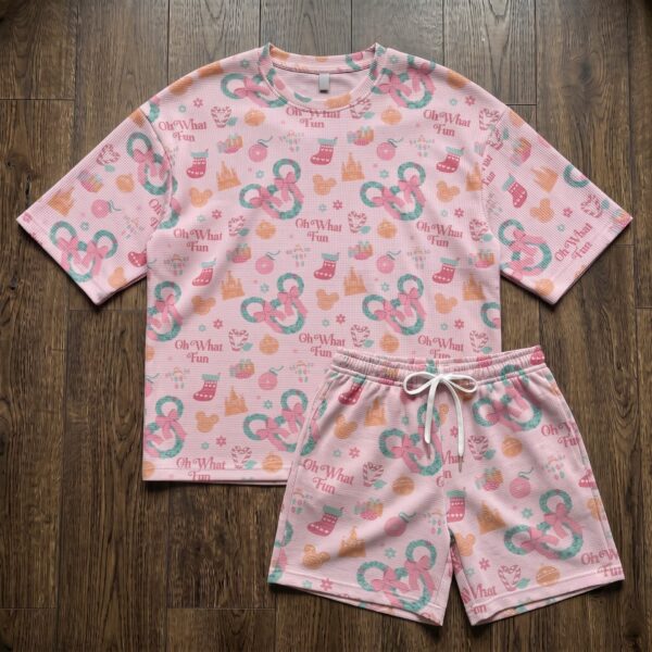 Mickey Christmas Waffle Loungewear Set, Pink Holiday Wreath Bow & Oh What Fun Print Pajama Outfit, Cozy Short Sleeve Shirt and Shorts Set