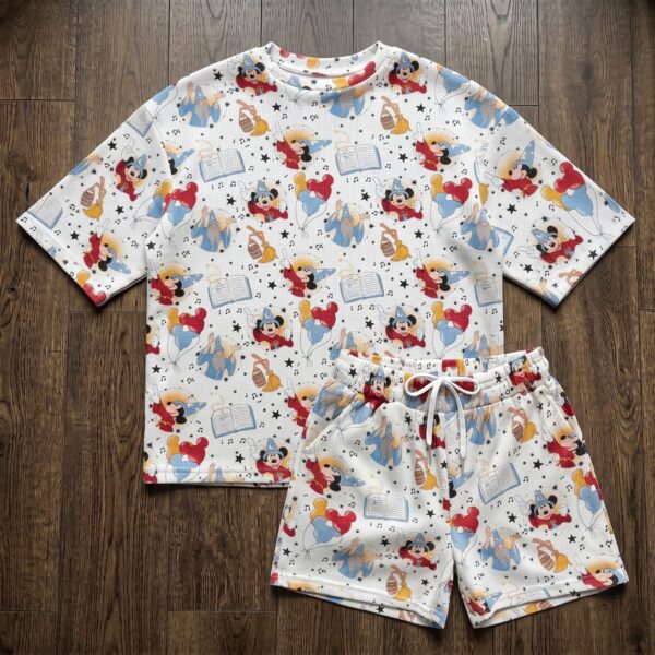 Mickey Fantasia Waffle Loungewear Set, Sorcerer Mickey Magic Music & Castle Print Pajama Outfit, Cozy Short Sleeve Shirt and Shorts Set