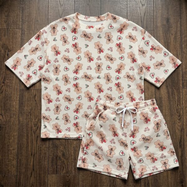 Mickey & Minnie Gingerbread Christmas Waffle Loungewear Set, Candy Cane Holly & Holiday Cookie Print Pajama Outfit, Cozy Short Sleeve Shirt and Shorts Set