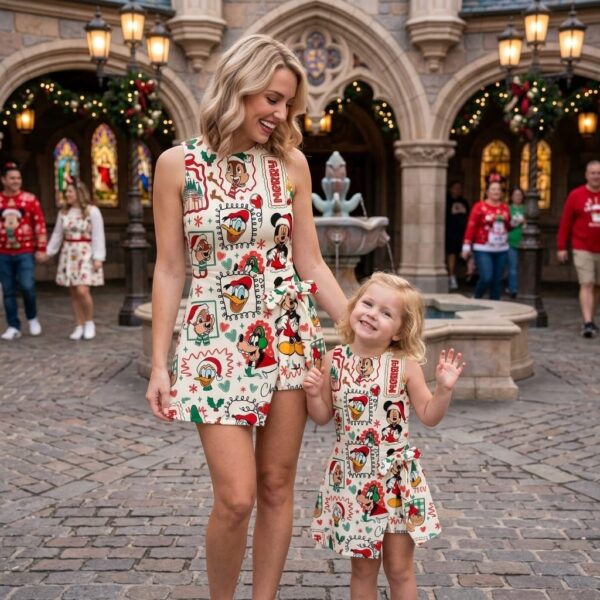 Mickey & Friends Christmas Tennis Dress, Mom and Daughter Matching Holiday Character Print Tennis Dress Outfit, Disney Christmas Park Outfit