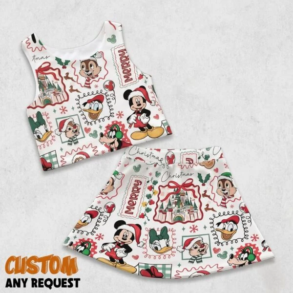 Mickey & Friends Christmas Dress Set, Mom and Daughter Matching Crop Top & Skirt Outfit, Holiday Castle Character Print Family Outfit