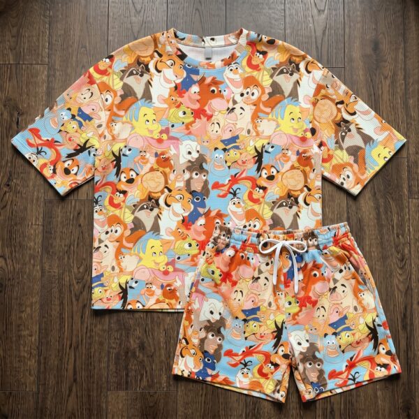 Disney Sidekicks Waffle Pajama Set, Colorful Character Short Sleeve Shirt & Shorts Lounge Set, Cartoon Sleepwear